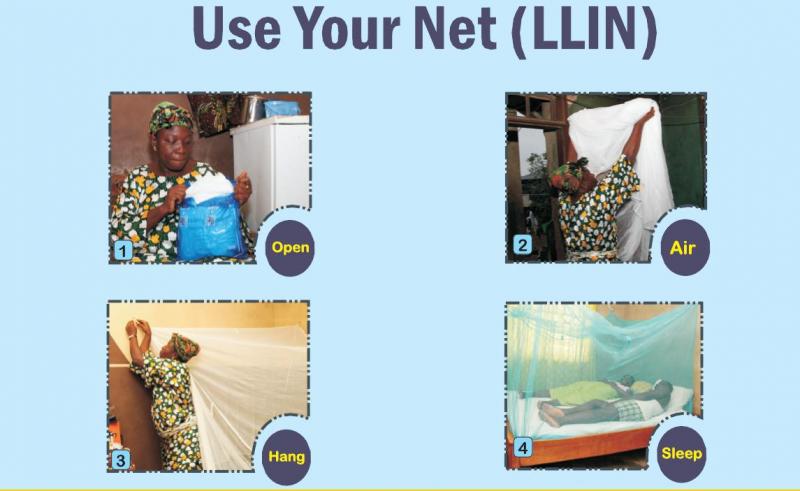 How to use your long-lasting insecticidal net. Step 1: open the net. Step 2: air it out. Step 3: hang the net. Step 4: sleep under the net.